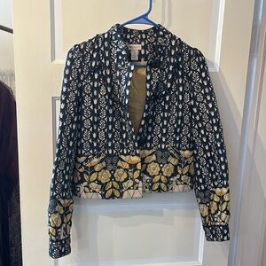 Patterned Floral Bomber Jacket in Navy and Yellow